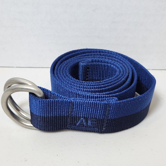 American Eagle Belt Web/Canvas D-Ring Two Tone Blue AE Logo Silver Hardware 48" - Picture 1 of 3